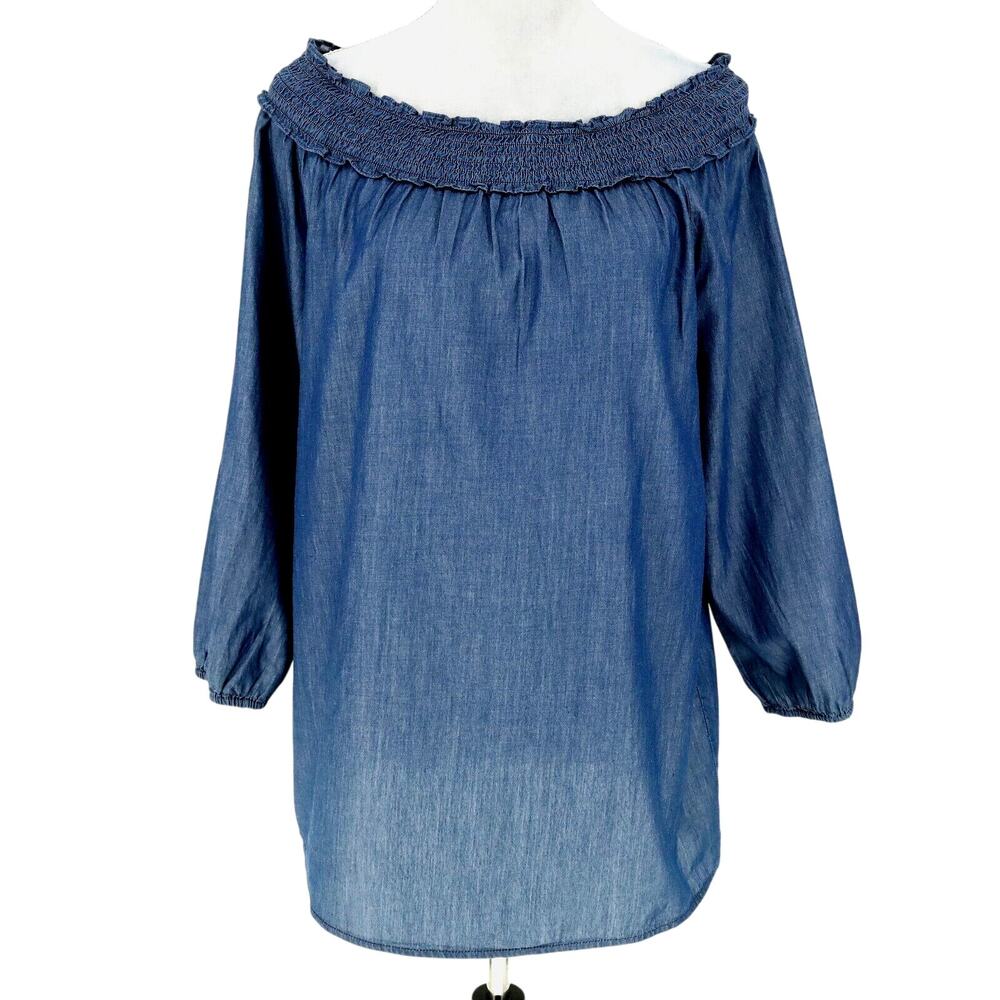 Chicos Top 1 Womens Medium 8 Blue Cotton Off Shoulder Blouse Boho Romantic